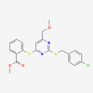 molecular formula C21H19ClN2O3S2 B2698038 甲基-2-[2-[(4-氯苯基)甲硫基]-6-(甲氧基甲基)嘧啶-4-基]硫基苯甲酸酯 CAS No. 338748-01-9