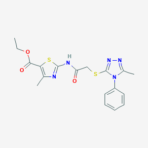 molecular formula C18H19N5O3S2 B269812 ethyl 4-methyl-2-({[(5-methyl-4-phenyl-4H-1,2,4-triazol-3-yl)sulfanyl]acetyl}amino)-1,3-thiazole-5-carboxylate 