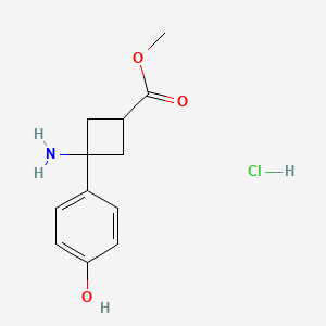 molecular formula C12H16ClNO3 B2698120 Methyl 3-amino-3-(4-hydroxyphenyl)cyclobutane-1-carboxylate hydrochloride CAS No. 2219419-04-0