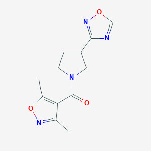 molecular formula C12H14N4O3 B2698137 (3-(1,2,4-Oxadiazol-3-yl)pyrrolidin-1-yl)(3,5-dimethylisoxazol-4-yl)methanone CAS No. 2034551-88-5