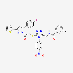 molecular formula C32H26FN7O4S2 B2698199 N-[[5-[2-[3-(4-fluorophenyl)-5-thiophen-2-yl-3,4-dihydropyrazol-2-yl]-2-oxoethyl]sulfanyl-4-(4-nitrophenyl)-1,2,4-triazol-3-yl]methyl]-3-methylbenzamide CAS No. 393573-62-1