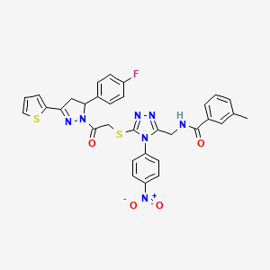 molecular formula C32H26FN7O4S2 B2698199 N-{[5-({2-[5-(4-fluorophenyl)-3-(thiophen-2-yl)-4,5-dihydro-1H-pyrazol-1-yl]-2-oxoethyl}sulfanyl)-4-(4-nitrophenyl)-4H-1,2,4-triazol-3-yl]methyl}-3-methylbenzamide CAS No. 393573-62-1