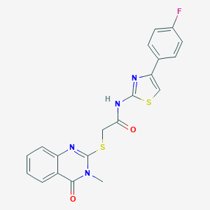 molecular formula C20H15FN4O2S2 B269825 N-[4-(4-fluorophenyl)-1,3-thiazol-2-yl]-2-[(3-methyl-4-oxo-3,4-dihydro-2-quinazolinyl)sulfanyl]acetamide 
