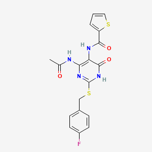 molecular formula C18H15FN4O3S2 B2698361 N-(4-乙酰氨基-2-((4-氟苄基)硫基)-6-氧代-1,6-二氢嘧啶-5-基)噻吩-2-羧酰胺 CAS No. 872609-01-3
