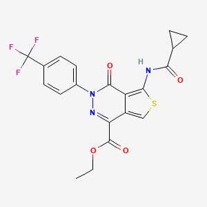 molecular formula C20H16F3N3O4S B2698365 Ethyl 5-(cyclopropanecarbonylamino)-4-oxo-3-[4-(trifluoromethyl)phenyl]thieno[3,4-d]pyridazine-1-carboxylate CAS No. 851951-06-9