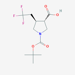 molecular formula C12H18F3NO4 B2698366 (3S,4S)-1-[(2-Methylpropan-2-yl)oxycarbonyl]-4-(2,2,2-trifluoroethyl)pyrrolidine-3-carboxylic acid CAS No. 2089650-63-3