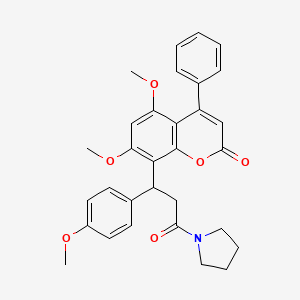 molecular formula C31H31NO6 B2698404 5,7-dimethoxy-8-(1-(4-methoxyphenyl)-3-oxo-3-(pyrrolidin-1-yl)propyl)-4-phenyl-2H-chromen-2-one CAS No. 958843-91-9