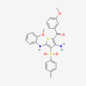 molecular formula C26H24N2O5S2 B2698433 (3-Amino-5-((2-methoxyphenyl)amino)-4-tosylthiophen-2-yl)(3-methoxyphenyl)methanone CAS No. 1115562-52-1