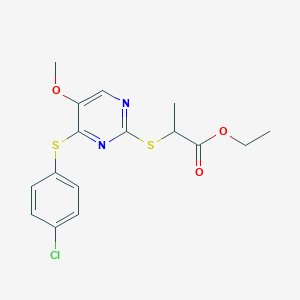 molecular formula C16H17ClN2O3S2 B2698448 Ethyl 2-((4-((4-chlorophenyl)sulfanyl)-5-methoxy-2-pyrimidinyl)sulfanyl)propanoate CAS No. 338423-63-5
