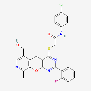molecular formula C26H20ClFN4O3S B2698471 N-(4-chlorophenyl)-2-((2-(2-fluorophenyl)-6-(hydroxymethyl)-9-methyl-5H-pyrido[4',3':5,6]pyrano[2,3-d]pyrimidin-4-yl)thio)acetamide CAS No. 892386-28-6