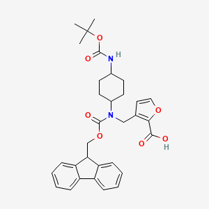 molecular formula C32H36N2O7 B2698555 3-[[9H-Fluoren-9-ylmethoxycarbonyl-[4-[(2-methylpropan-2-yl)oxycarbonylamino]cyclohexyl]amino]methyl]furan-2-carboxylic acid CAS No. 2137036-02-1