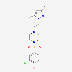 molecular formula C17H22ClFN4O2S B2698572 1-((3-chloro-4-fluorophenyl)sulfonyl)-4-(2-(3,5-dimethyl-1H-pyrazol-1-yl)ethyl)piperazine CAS No. 1396794-49-2