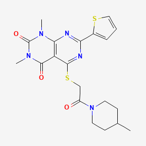 molecular formula C20H23N5O3S2 B2698577 1,3-Dimethyl-5-[2-(4-methylpiperidin-1-yl)-2-oxoethyl]sulfanyl-7-thiophen-2-ylpyrimido[4,5-d]pyrimidine-2,4-dione CAS No. 847191-50-8