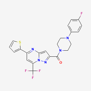 molecular formula C22H17F4N5OS B2698627 (4-(4-Fluorophenyl)piperazin-1-yl)(5-(thiophen-2-yl)-7-(trifluoromethyl)pyrazolo[1,5-a]pyrimidin-2-yl)methanone CAS No. 313987-80-3