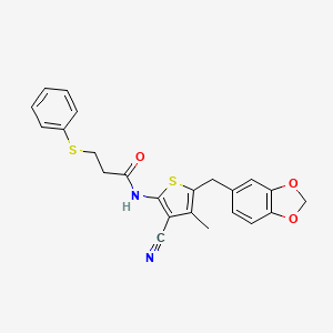 molecular formula C23H20N2O3S2 B2698649 N-[5-(1,3-benzodioxol-5-ylmethyl)-3-cyano-4-methylthiophen-2-yl]-3-phenylsulfanylpropanamide CAS No. 476367-99-4
