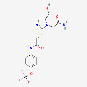 molecular formula C15H15F3N4O4S B2698655 2-((1-(2-amino-2-oxoethyl)-5-(hydroxymethyl)-1H-imidazol-2-yl)thio)-N-(4-(trifluoromethoxy)phenyl)acetamide CAS No. 921503-13-1