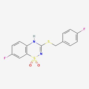 molecular formula C14H10F2N2O2S2 B2698657 7-fluoro-3-((4-fluorobenzyl)thio)-4H-benzo[e][1,2,4]thiadiazine 1,1-dioxide CAS No. 899750-26-6