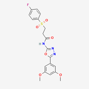 molecular formula C19H18FN3O6S B2698737 N-(5-(3,5-二甲氧基苯基)-1,3,4-噁二唑-2-基)-3-((4-氟苯基)磺酰)丙酰胺 CAS No. 898427-34-4