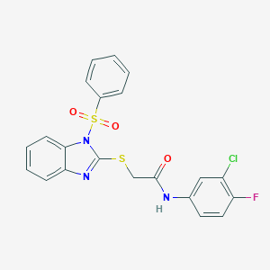 molecular formula C21H15ClFN3O3S2 B269874 N-(3-chloro-4-fluorophenyl)-2-{[1-(phenylsulfonyl)-1H-benzimidazol-2-yl]sulfanyl}acetamide 