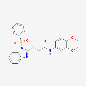 molecular formula C23H19N3O5S2 B269876 N-(2,3-dihydro-1,4-benzodioxin-6-yl)-2-{[1-(phenylsulfonyl)-1H-benzimidazol-2-yl]sulfanyl}acetamide 