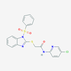 molecular formula C20H15ClN4O3S2 B269877 N-(5-chloro-2-pyridinyl)-2-{[1-(phenylsulfonyl)-1H-benzimidazol-2-yl]sulfanyl}acetamide 