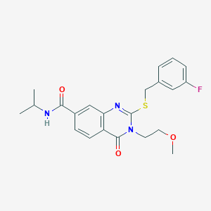 molecular formula C22H24FN3O3S B2698829 2-((3-fluorobenzyl)thio)-N-isopropyl-3-(2-methoxyethyl)-4-oxo-3,4-dihydroquinazoline-7-carboxamide CAS No. 946270-55-9