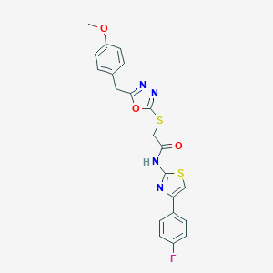 molecular formula C21H17FN4O3S2 B269886 N-[4-(4-fluorophenyl)-1,3-thiazol-2-yl]-2-{[5-(4-methoxybenzyl)-1,3,4-oxadiazol-2-yl]sulfanyl}acetamide 