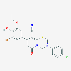 molecular formula C22H19BrClN3O3S B2698871 8-(3-Bromo-5-ethoxy-4-hydroxyphenyl)-3-(4-chlorophenyl)-6-oxo-2,3,4,6,7,8-hexahydropyrido[2,1-b][1,3,5]thiadiazine-9-carbonitrile CAS No. 897831-43-5