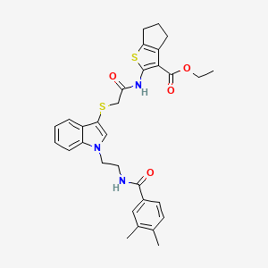 ethyl 2-(2-((1-(2-(3,4-dimethylbenzamido)ethyl)-1H-indol-3-yl)thio)acetamido)-5,6-dihydro-4H-cyclopenta[b]thiophene-3-carboxylate