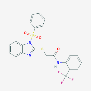 molecular formula C22H16F3N3O3S2 B269888 2-{[1-(phenylsulfonyl)-1H-benzimidazol-2-yl]sulfanyl}-N-[2-(trifluoromethyl)phenyl]acetamide 