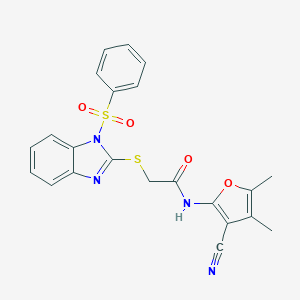 molecular formula C22H18N4O4S2 B269889 N-(3-cyano-4,5-dimethyl-2-furyl)-2-{[1-(phenylsulfonyl)-1H-benzimidazol-2-yl]sulfanyl}acetamide 