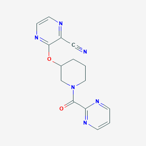 molecular formula C15H14N6O2 B2698940 3-((1-(嘧啶-2-羰基)哌啶-3-基)氧基)吡嘧啶-2-羰腈 CAS No. 2034229-60-0