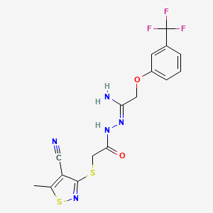 molecular formula C16H14F3N5O2S2 B2698955 2-[(4-cyano-5-methyl-3-isothiazolyl)sulfanyl]-N'-{2-[3-(trifluoromethyl)phenoxy]ethanimidoyl}acetohydrazide CAS No. 338418-56-7