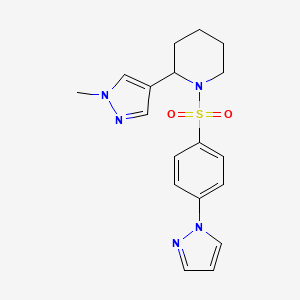 molecular formula C18H21N5O2S B2698958 1-((4-(1H-pyrazol-1-yl)phenyl)sulfonyl)-2-(1-methyl-1H-pyrazol-4-yl)piperidine CAS No. 2034512-75-7