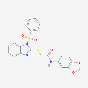 molecular formula C22H17N3O5S2 B269900 N-(1,3-benzodioxol-5-yl)-2-{[1-(phenylsulfonyl)-1H-benzimidazol-2-yl]sulfanyl}acetamide 