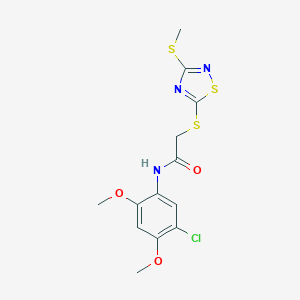 molecular formula C13H14ClN3O3S3 B269912 N-(5-chloro-2,4-dimethoxyphenyl)-2-{[3-(methylsulfanyl)-1,2,4-thiadiazol-5-yl]sulfanyl}acetamide 