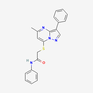 molecular formula C21H18N4OS B2699187 2-((5-甲基-3-苯基嘧啶并[1,5-a]嘧啶-7-基)硫)-N-苯乙酰胺 CAS No. 862198-51-4