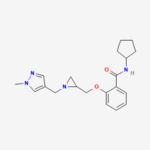 molecular formula C20H26N4O2 B2699214 N-Cyclopentyl-2-[[1-[(1-methylpyrazol-4-yl)methyl]aziridin-2-yl]methoxy]benzamide CAS No. 2418641-98-0