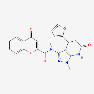 molecular formula C21H16N4O5 B2699219 N-(4-(呋喃-2-基)-1-甲基-6-氧代-4,5,6,7-四氢-1H-吡唑并[3,4-b]吡啉-3-基)-4-氧代-4H-香豆素-2-甲酰胺 CAS No. 1210524-31-4