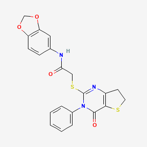 molecular formula C21H17N3O4S2 B2699233 N-(benzo[d][1,3]dioxol-5-yl)-2-((4-oxo-3-phenyl-3,4,6,7-tetrahydrothieno[3,2-d]pyrimidin-2-yl)thio)acetamide CAS No. 686770-51-4