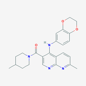 molecular formula C24H26N4O3 B2699240 (4-((2,3-Dihydrobenzo[b][1,4]dioxin-6-yl)amino)-7-methyl-1,8-naphthyridin-3-yl)(4-methylpiperidin-1-yl)methanone CAS No. 1251677-80-1