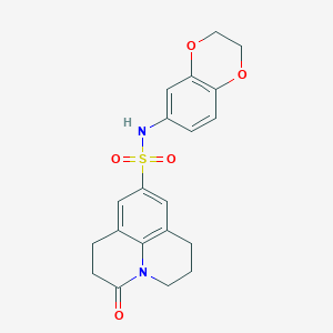 molecular formula C20H20N2O5S B2699251 N-(2,3-二氢-1,4-苯并二氧杂环戊-6-基)-3-酮-2,3,6,7-四氢-1H,5H-吡啶并[3,2,1-ij]喹啉-9-磺酰胺 CAS No. 896357-30-5