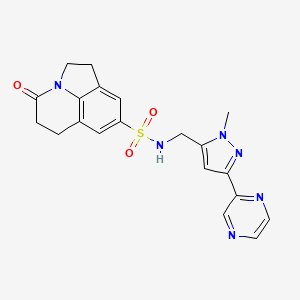 molecular formula C20H20N6O3S B2699270 N-((1-methyl-3-(pyrazin-2-yl)-1H-pyrazol-5-yl)methyl)-4-oxo-2,4,5,6-tetrahydro-1H-pyrrolo[3,2,1-ij]quinoline-8-sulfonamide CAS No. 2034603-56-8