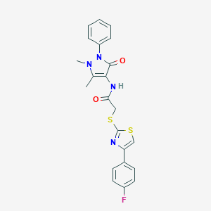 molecular formula C22H19FN4O2S2 B269930 N-(1,5-dimethyl-3-oxo-2-phenyl-2,3-dihydro-1H-pyrazol-4-yl)-2-{[4-(4-fluorophenyl)-1,3-thiazol-2-yl]sulfanyl}acetamide 