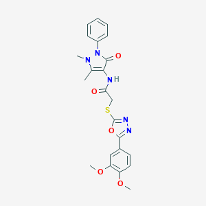 molecular formula C23H23N5O5S B269931 2-{[5-(3,4-dimethoxyphenyl)-1,3,4-oxadiazol-2-yl]sulfanyl}-N-(1,5-dimethyl-3-oxo-2-phenyl-2,3-dihydro-1H-pyrazol-4-yl)acetamide 