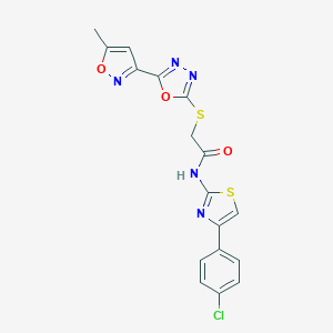 molecular formula C17H12ClN5O3S2 B269932 N-[4-(4-Chloro-phenyl)-thiazol-2-yl]-2-[5-(5-methyl-isoxazol-3-yl)-[1,3,4]oxadiazol-2-ylsulfanyl]-acetamide 
