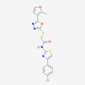 molecular formula C18H13ClN4O3S2 B269933 N-[4-(4-chlorophenyl)-1,3-thiazol-2-yl]-2-{[5-(2-methylfuran-3-yl)-1,3,4-oxadiazol-2-yl]sulfanyl}acetamide 