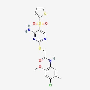 molecular formula C18H17ClN4O4S3 B2699338 2-((4-氨基-5-(噻吩-2-基磺酰基)嘧啶-2-基)硫)-N-(4-氯-2-甲氧基-5-甲基苯基)乙酰胺 CAS No. 1242999-09-2