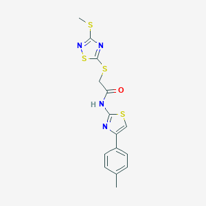 molecular formula C15H14N4OS4 B269934 N-[4-(4-methylphenyl)-1,3-thiazol-2-yl]-2-{[3-(methylsulfanyl)-1,2,4-thiadiazol-5-yl]sulfanyl}acetamide 