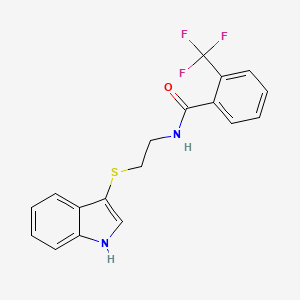 molecular formula C18H15F3N2OS B2699382 N-(2-((1H-indol-3-yl)thio)ethyl)-2-(trifluoromethyl)benzamide CAS No. 687571-80-8